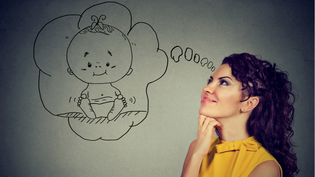 Mother with baby in thought bubble